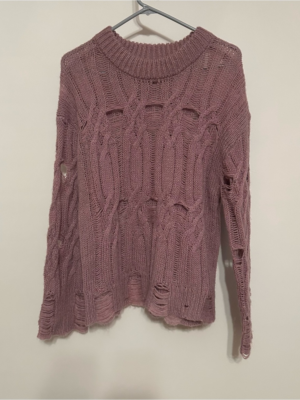 Moon River Distressed Cable Knit Sweater - Mauve